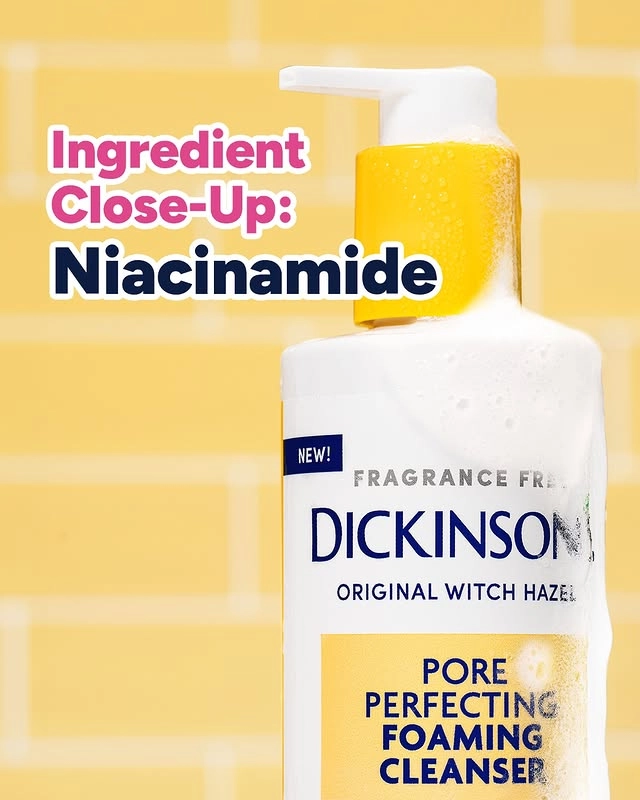 Photo by Dickinson's Witch Hazel on May 14, 2025. May be an image of hair product, cosmetics, lotion and text that says 'Ingredient Close-Up: Niacinamide NEW! FRAGRANCE FRE DICKINSON ORIGINAL WITCH HAZEL PORE PERFECTING FOAMING CLEANSER'.