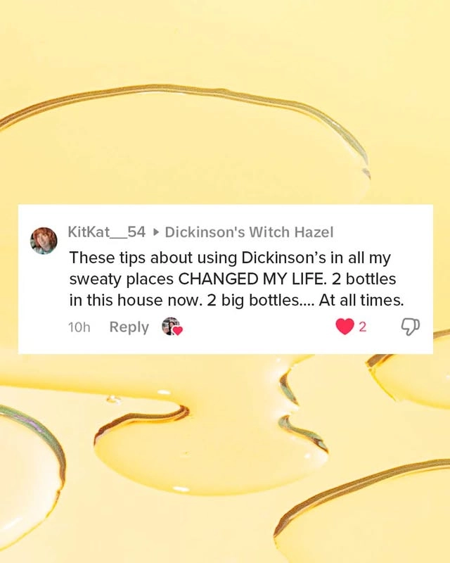 Photo by Dickinson's Witch Hazel on May 16, 2025. May be a Twitter screenshot of jewelry, bangle, calendar and text that says 'KitKat__54 KitKat_ Dickinson's Witch Hazel These tips about using Dickinson's in all my sweaty places CHANGED MY LIFE. 2 bottles in this house now. 2 big bottles.... At all times. 10h Reply 2'.