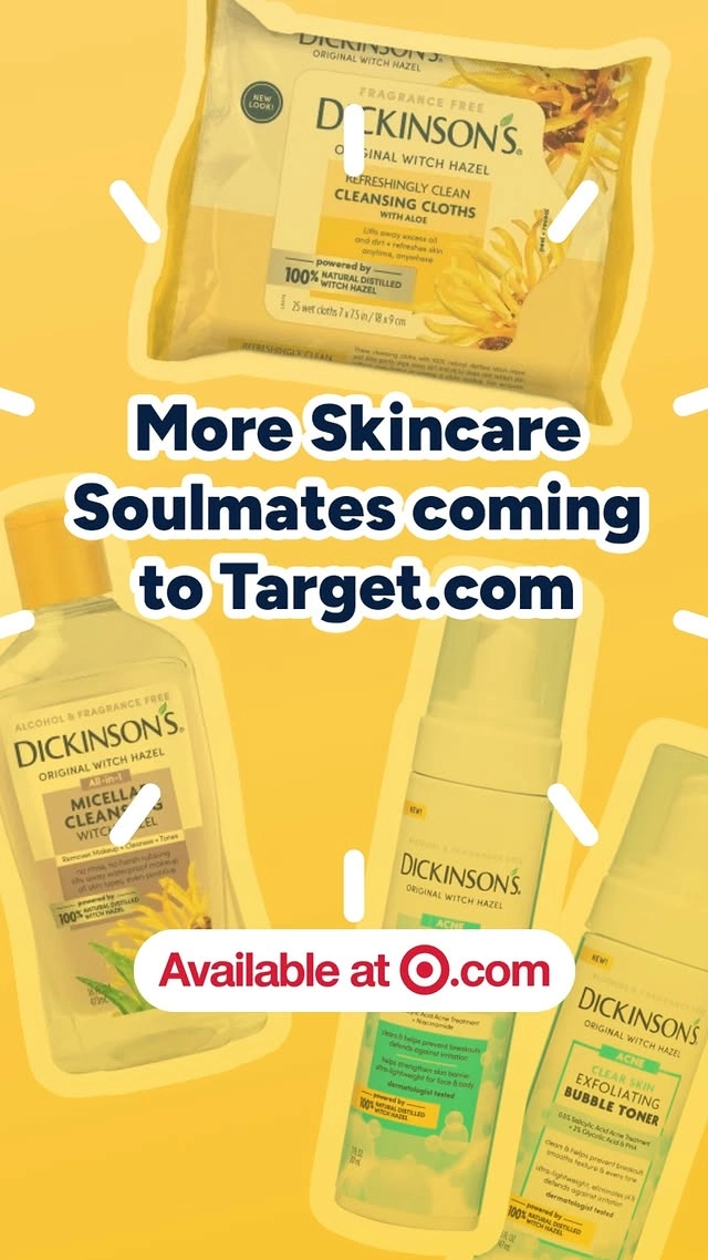 Grab 3 more Skincare Soulmates @Target .com

🩵 NEW Acne Cleanser + Toner Foams
💜 Alcohol-Free Micellar Cleansing Witch Hazel
💛 Refreshingly Clean Cleansing Cloths 

#WitchHazel #HygieneRoutine #MakeupRemover #ShowerRoutine #Dickinsons